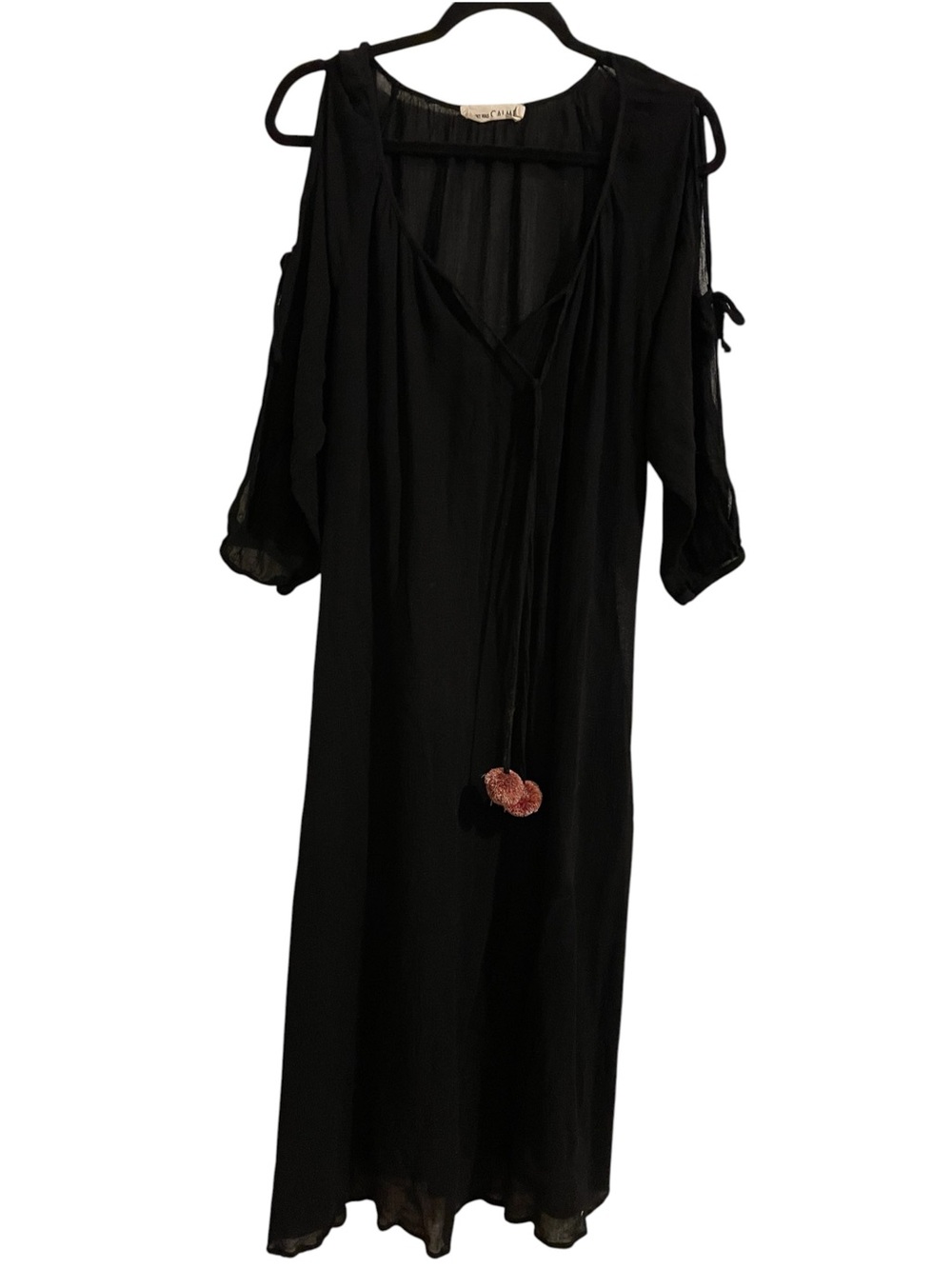 Johnny Was Calmé Black Cold-Shoulder Maxi Dress with Pom Tassels Size Small